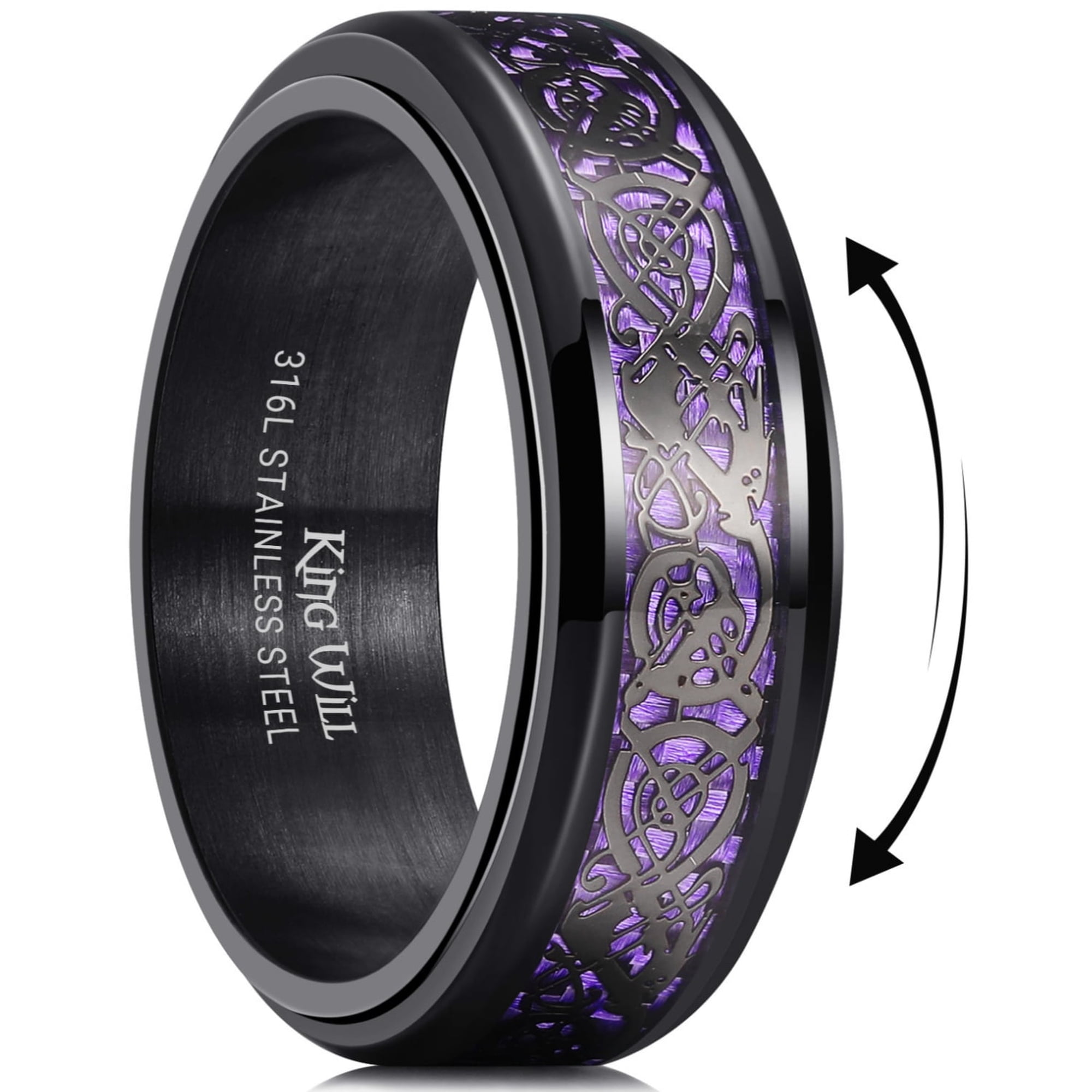King Will 316L Stainless Steel Spinner Fidget Ring 8mm Wedding Band for Men-Stress Relieving Anxiety Ring with Black Celtic Dragon Purple Carbon Fiber Inlay, Comfor Fit Size 10