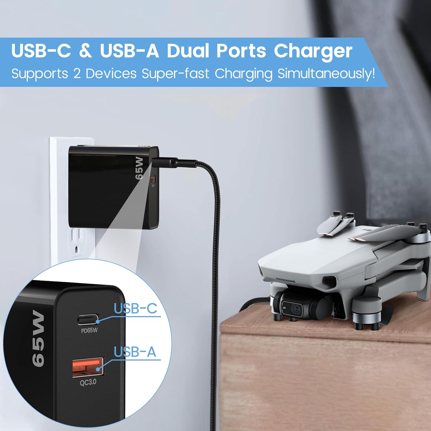 PD 65W USB C Fast Charger for DJI Neo, Air 3S, Mini 4K, 2 SE, Avata 2, Mavic 3 Drones - Dual Port USB + Type C Wall Charger with C to C Charging Cable for DJI FPV Accessories, 6ft Long