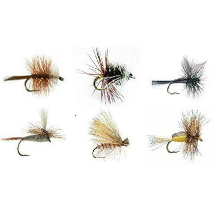 Fly Fishing Assortment - 18 Flies in 6 TROUT CRUSHING PATTERNS of Dry Flies Sizes 12-14  Bivisible Brown, Adams Parachute, Renegade, Black Gnat, Elk Hair Caddis Tan, Yellow