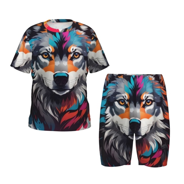 Fotbe Tie-Dye Wolf Head Pijama Estampada de 2 Piezas para Niños – Ropa de Dormir de Manga Corta Cómoda para Niños y Niñas, Camiseta y Shorts de Algodón-3X-Large