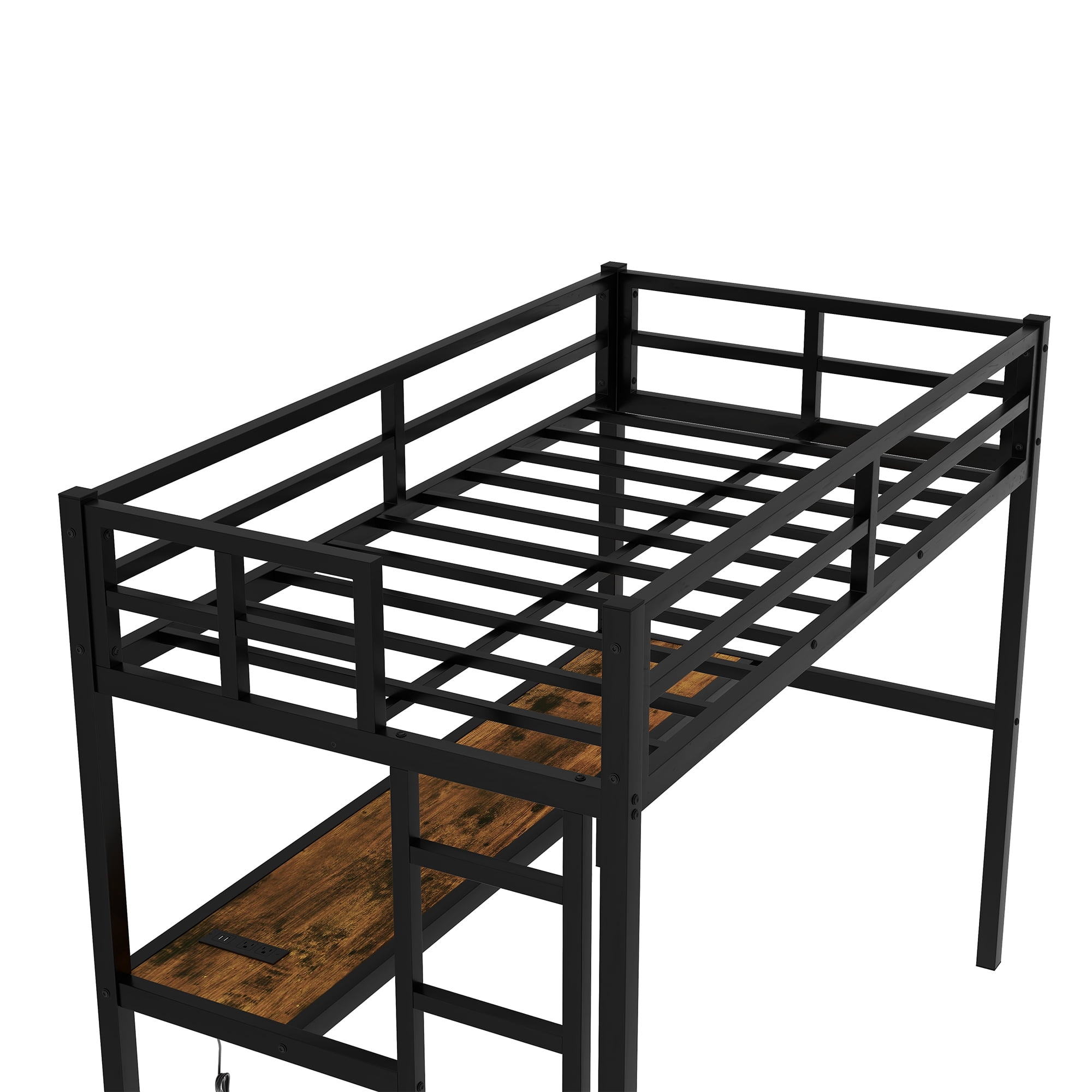 Aukfa Twin XL Metal Loft Bed with Desk, Charging Station and LED Lights for Kids, Space-Saving, Heavy Duty, Black