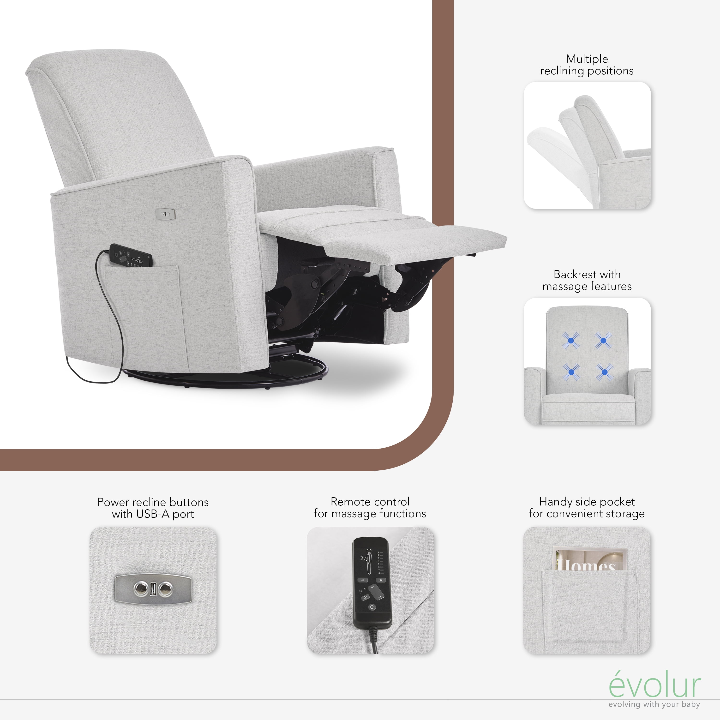 Evolur Harlow Deluxe Upholstered Glider, Power Recliner USB Port with in-Built Massager, Fog Grey