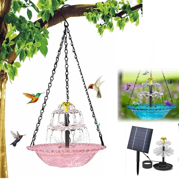 Solar Fountain Pump Garden Bird Bath, Solar Bird Bath, 3 Tiered, Pink Glass, Heavy Duty Chain, Hanging Bird Bath, Water Fountain Outdoor Garden, Patio Decorations Outdoor, Solar