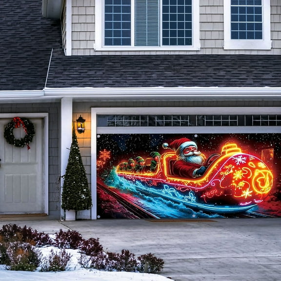 DAMAI Christmas Garage Door Cover Fluorescent Christmas Door Cover Large Garage Door Xmas Cover, 13x6 ft UV-Reactive Glow in Dark Banner with Santa & Elf, Outdoor Indoor Holiday Party Backdrop