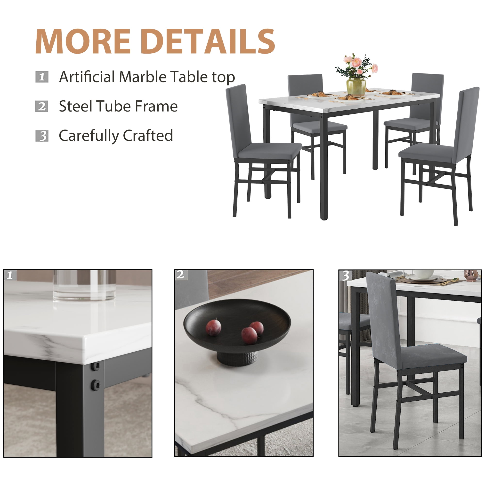UHOMEPRO 5 Pieces Dining Table Set, Marble Top Dining Table and Chairs Set for 4, Gray Sturdy Iron Frame Dining Room Table Set with 4 Velvet Upholstered Chairs for Small Dining Room