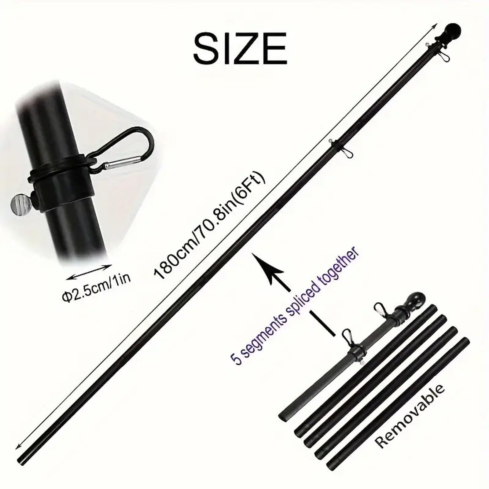 Flag Poles for Outside House 6FT Stainless Steel Metal Black Flag Pole kit Tangle Free Residential Heavy Duty for Truck,House,Porch,Yard,Boat Suitable for 3x5 Heavy Garden Flag