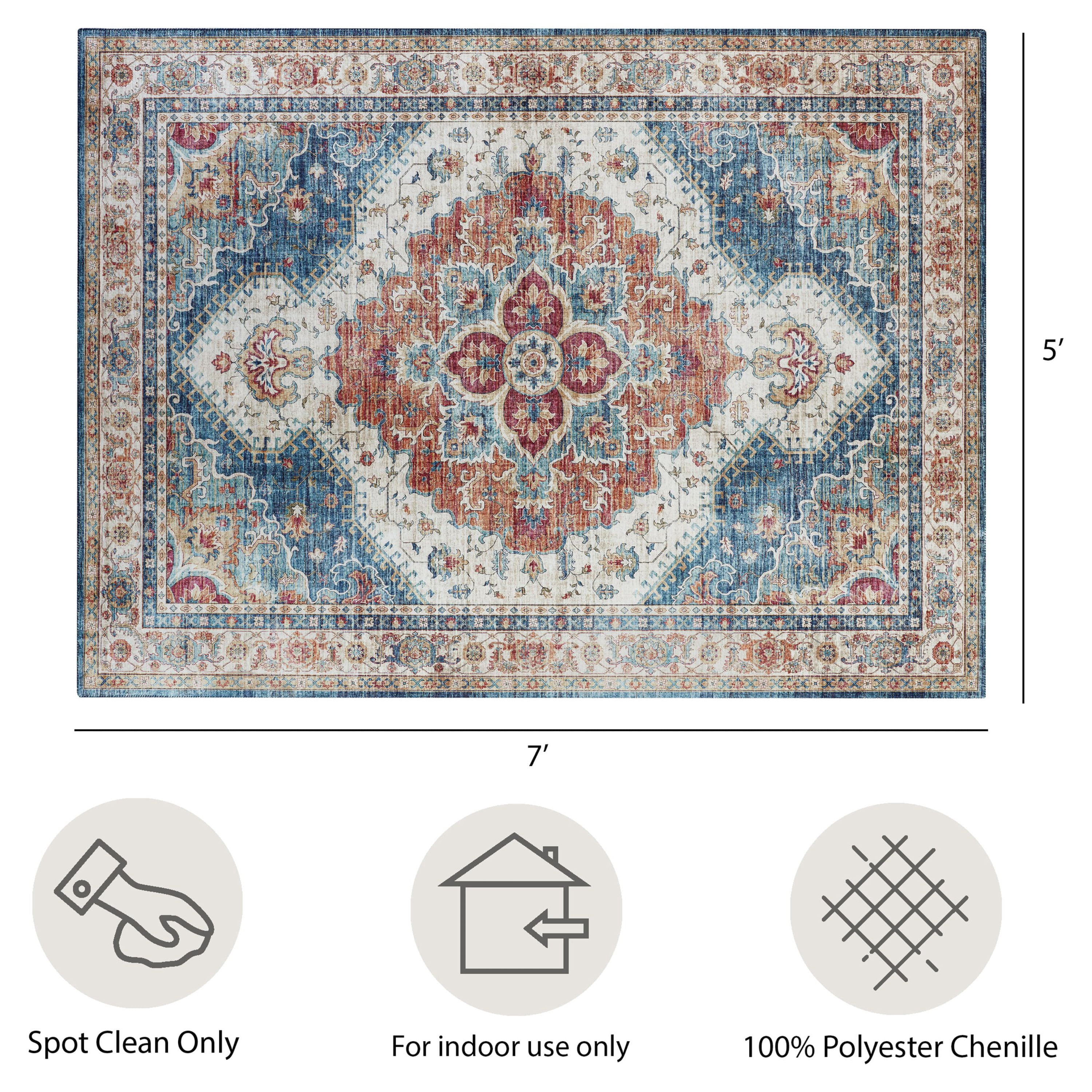Blue Multi Medallion Skid- Resistant Area Rug, 5' x 7'
