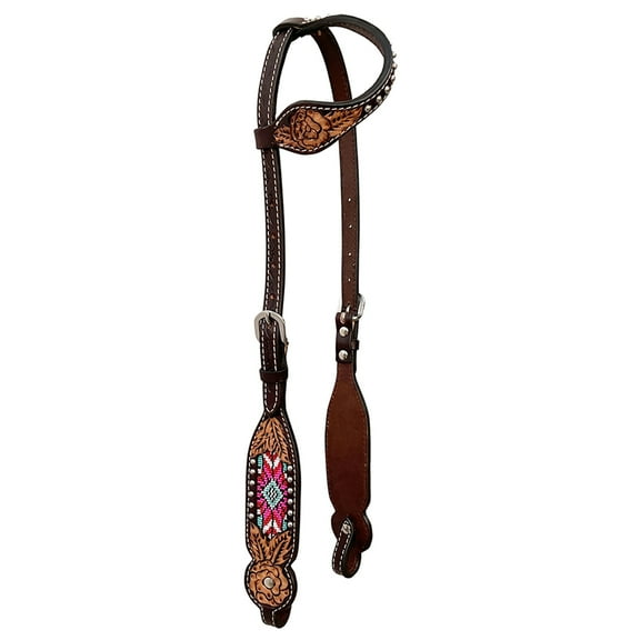 Bar H Equine Western Leather Horse One Ear Headstall Floral Beeded Inlay
