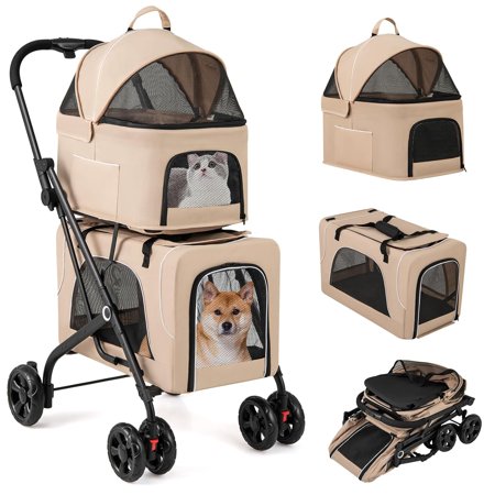 4-in-1 Double Pet Stroller with 2 Detachable Carriers, Foldable Dog Cat Travel Stroller for Small Medium Pets, Travel Cat Bag with Safety Belt & Lockable Wheels, Beige