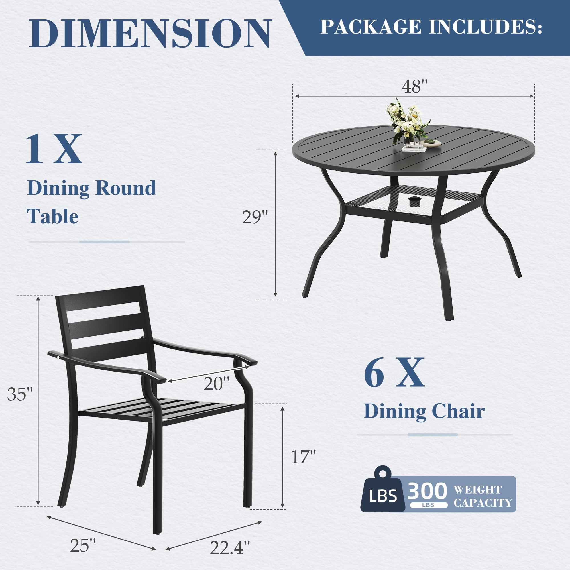 Homrest 7 Piece Metal Outdoor Dining Set with Round Table and Stackable Chairs, Black