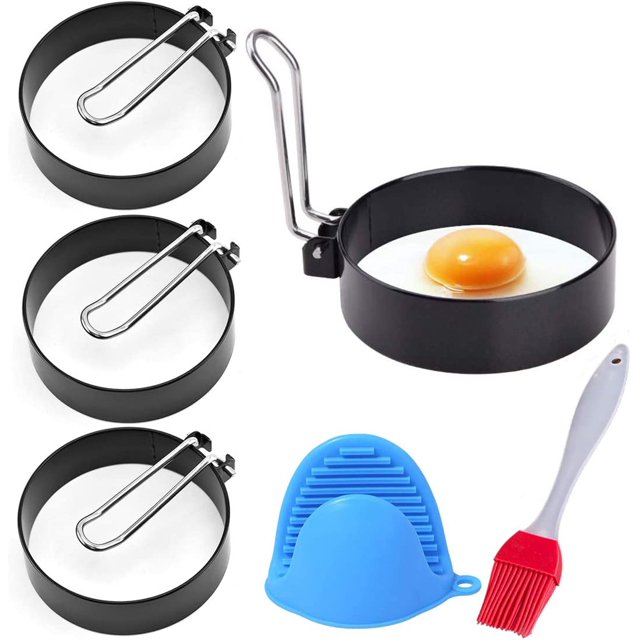 Anillos de huevo frito, molde de huevo frito de acero inoxidable de 4 piezas con cepillo para hornear y manopla de horno de silicona resistente, antiadherente para huevos fritos Crumpets bistec JFHHH pequeña