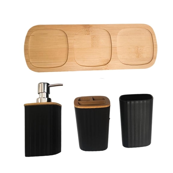 YIEMEEN 4Pcs Modern Bathroom Set With Wood Base Includes Toothbrush Holder Dispenser