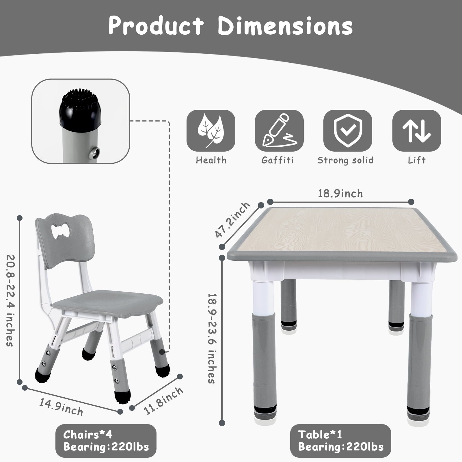 Pirecart 5-Piece Kids Table & Chairs Set Toddlers Activity Table Set Height Adjustable Play Table and Chair Set for Reading, Drawing, Eating, Gray