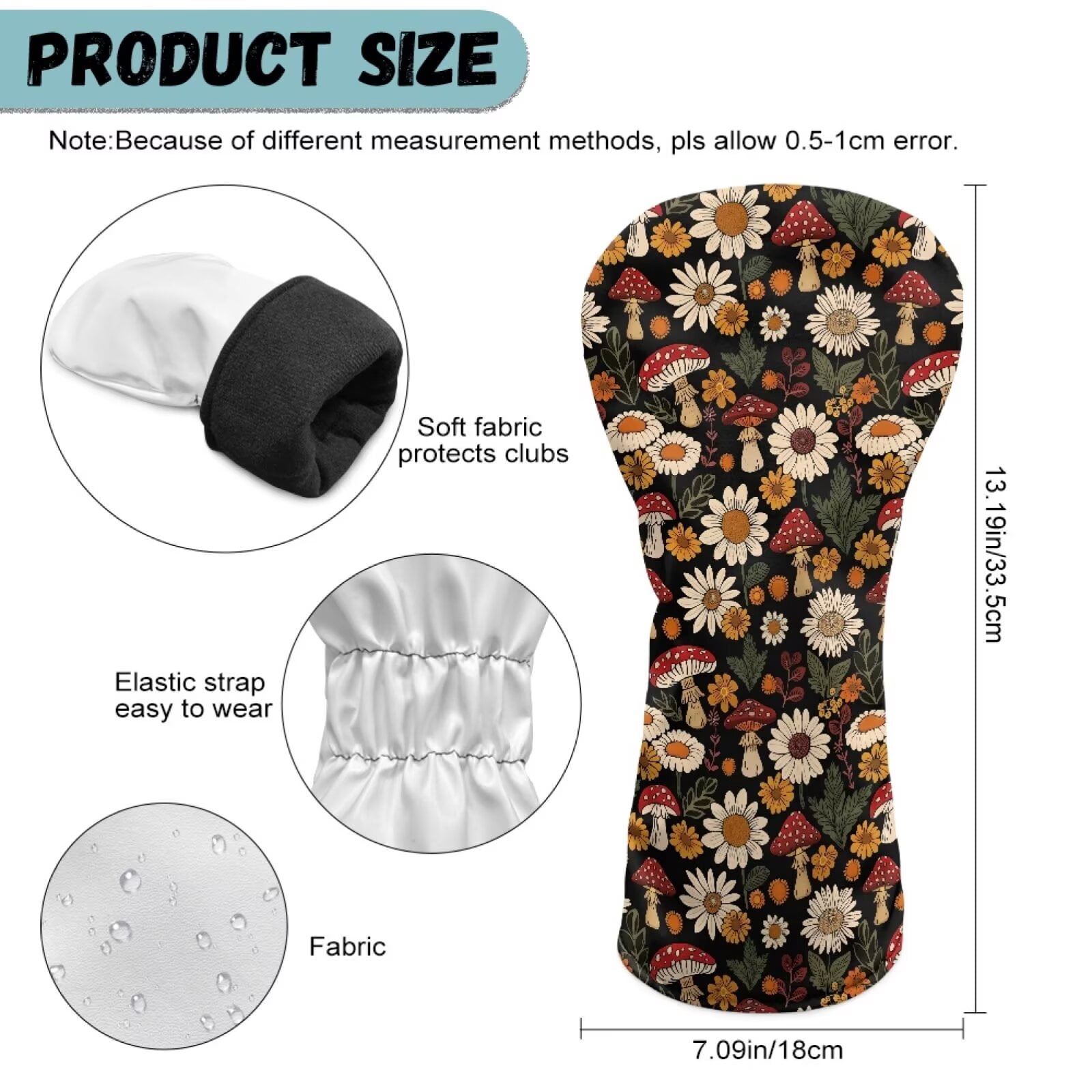 Uorisanigo Golf Club Head Covers for Driver, Fairway Hybrid Woods - Waterproof PU 3 Pieces Aesthetic Mushroom Head Covers for Golf Clubs - with Double Elastic Band Fits Most Size Golfclubs