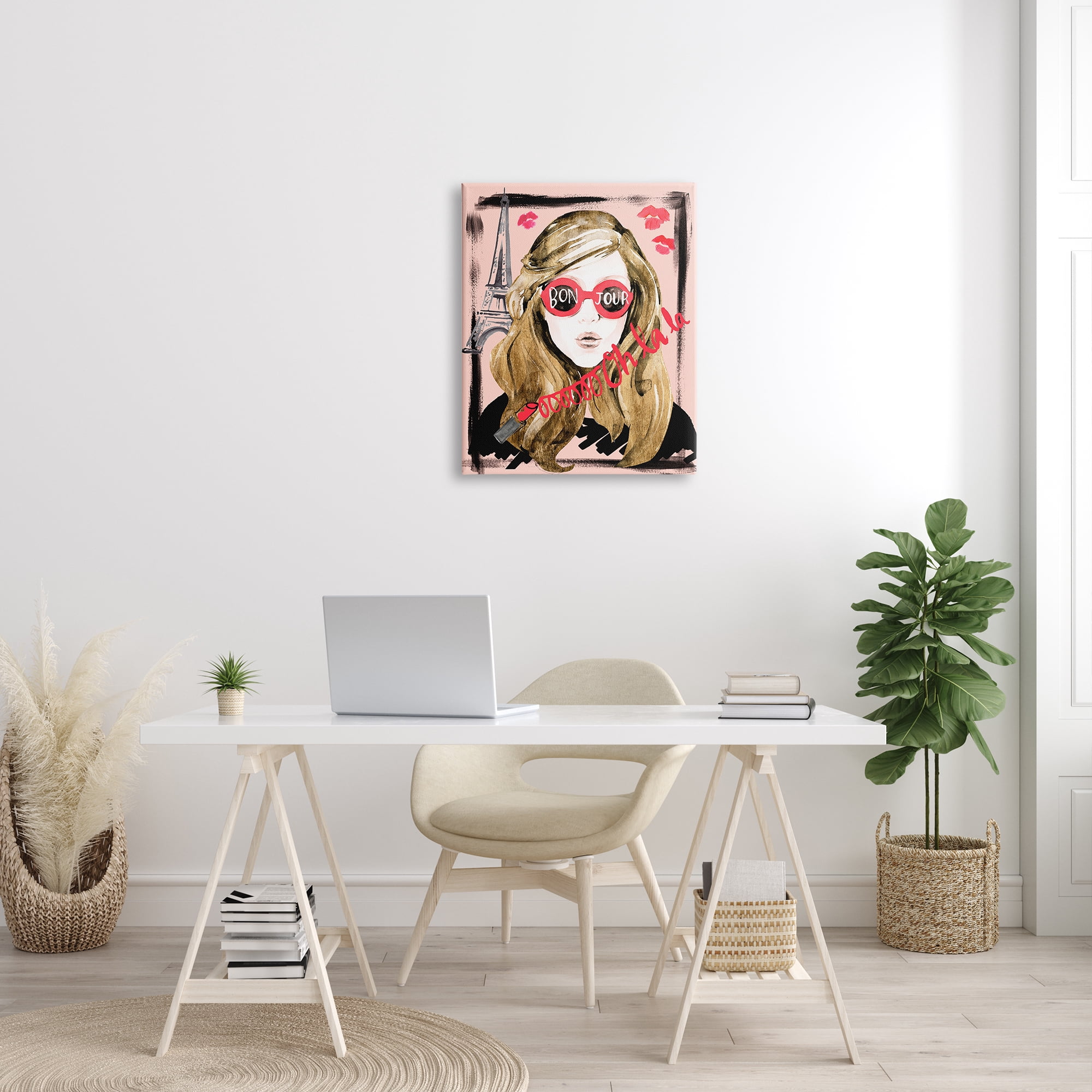 Stupell Industries Bon Jour Greeting Red Shades Glam Parisian Woman Beauty & Fashion Painting Gallery Wrapped Canvas Print Wall Art, 24 x 30