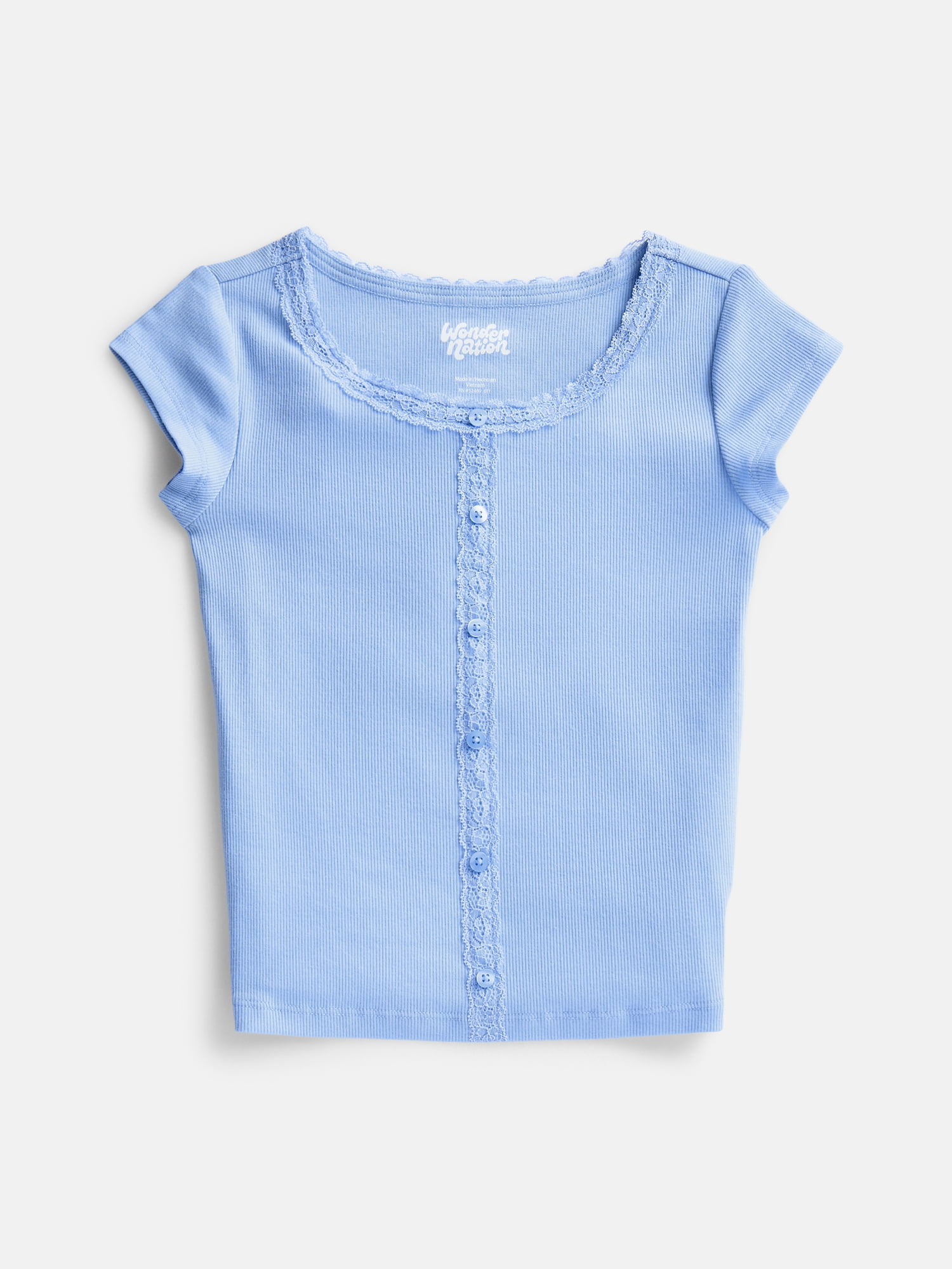 Wonder Nation Girls' Lace and Button Front Top with Short Sleeves, Sizes 4-18 & Plus