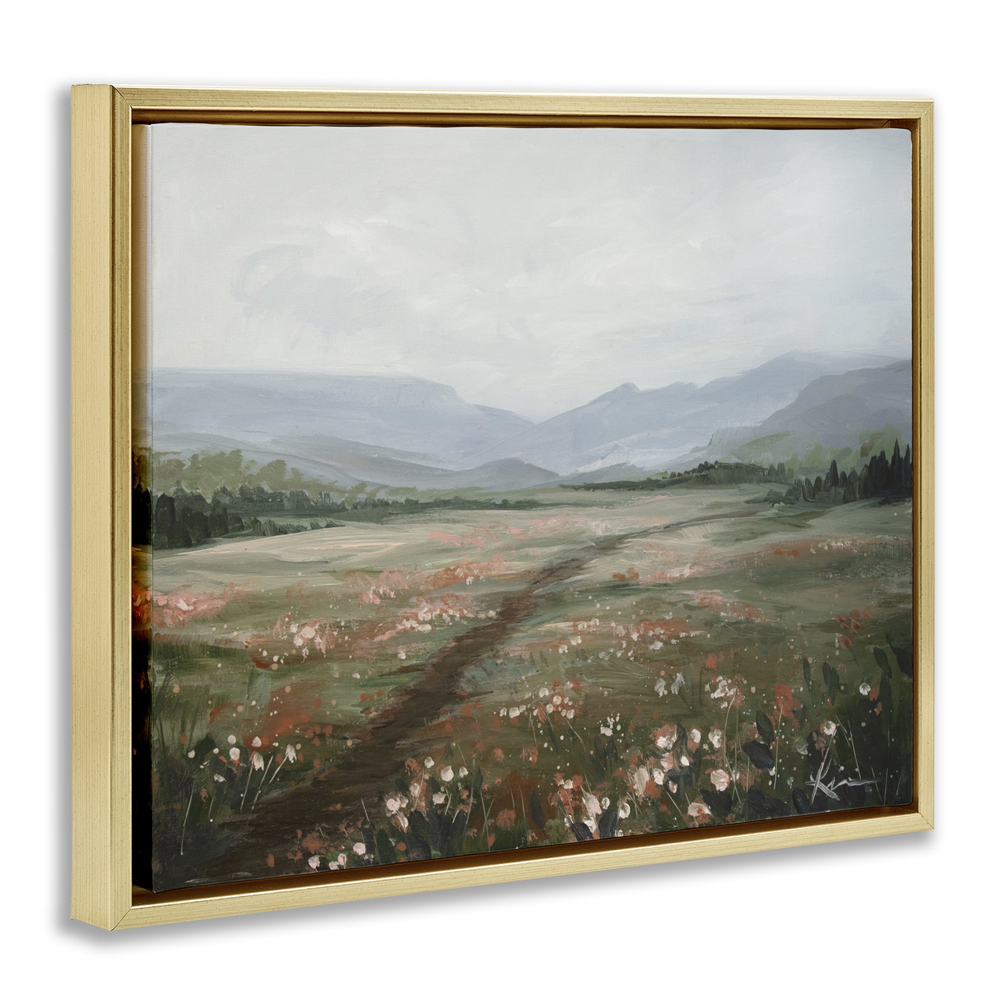 Stupell Industries Path Through Rolling Meadow Landscape & Nature Painting Gold Floater Framed Canvas Art Print Wall Art, 31 x 25