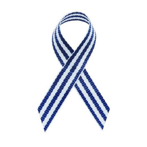 USA Made Royal Blue Taffy Stripe Fabric Awareness Ribbons - Bag of 125 Fabric Ribbons w/ Clutch Pins (Many Colors Available) (Pin Already Attached)