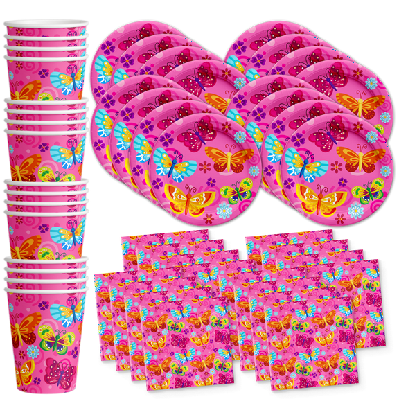Whimsical Pink Butterfly Birthday Party Supplies - Butterfly Party Supplies Girls - Pink Birthday Party - Girly Birthday Party - Tableware Set Includes Plates Napkins and Cup | Kit for 16