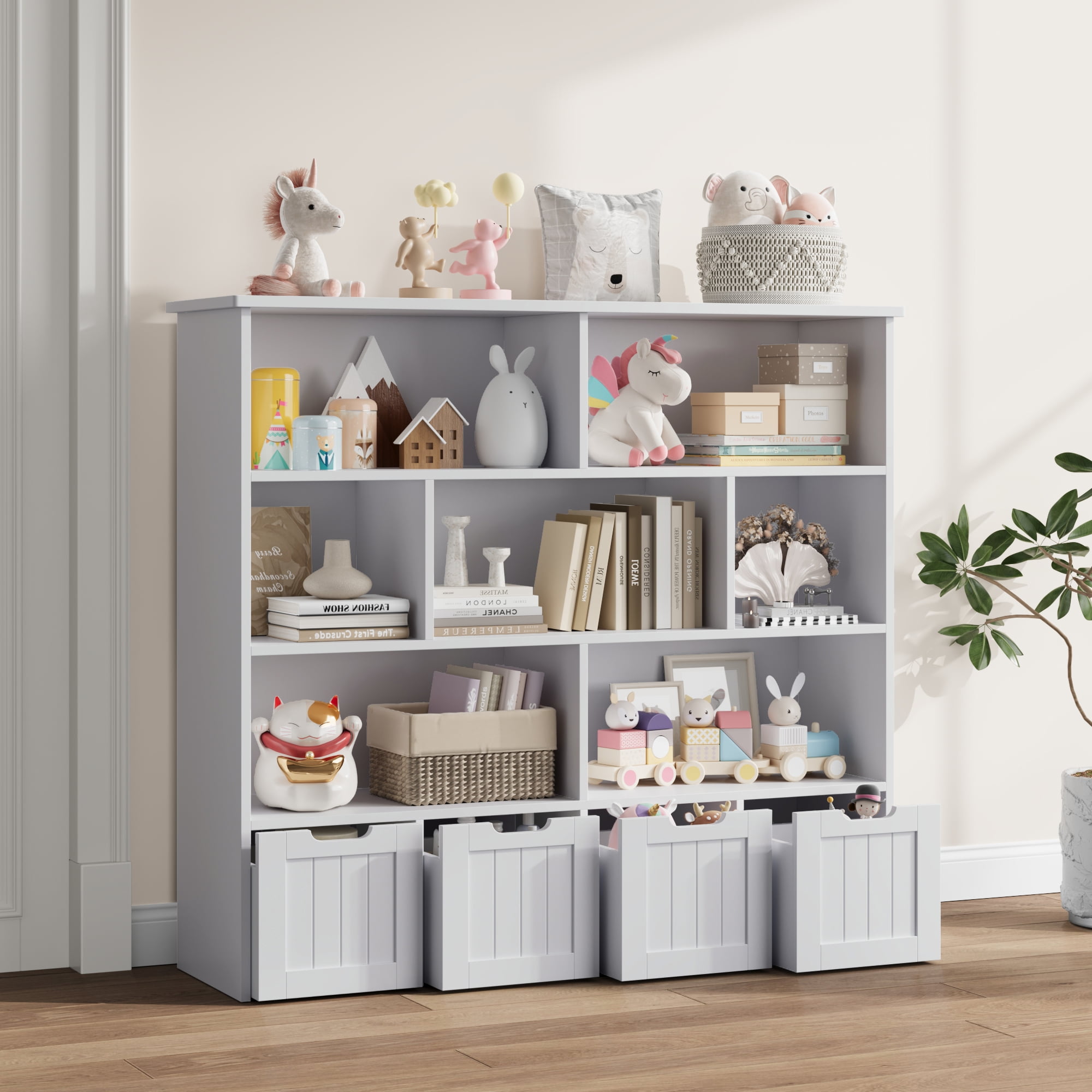 Homfa 7 Cube Toy Storage Organizer, Kids Geometric Bookcase and Bookshelf with 4 Drawers, Grey