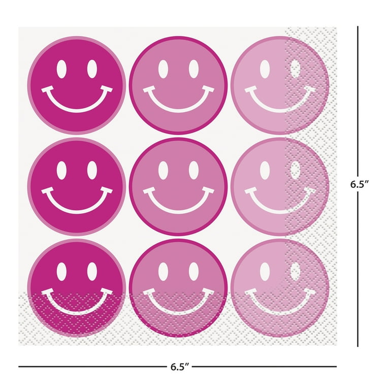 Set a fun, retro emoji party table with an All Smiles Smiley Face Birthday  Party Supply Kit for 16 Guests. The kit has a table cover, 2 sizes of  plates, and napkins