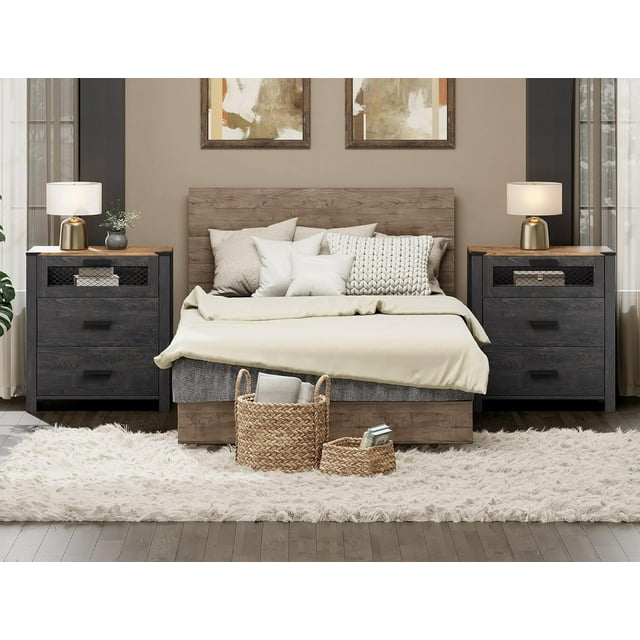WAMPAT Table de Chevet Haute, 2 Pcs, Table de Chevet à 6 Tiroirs, Chambre, Tables d'Appoint pour Salon avec Commode, Noyer Foncé et Noir