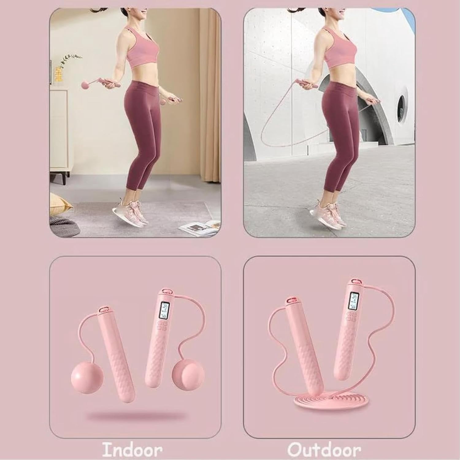 Pink Smart Counting Jump Rope - 2-in-1 Adjustable Anti-Tangle Jump Rope, Large Screen Significantly Increases Jump Rope Count, Suitable for Adult Fitness Exercises and Fat Burning Training