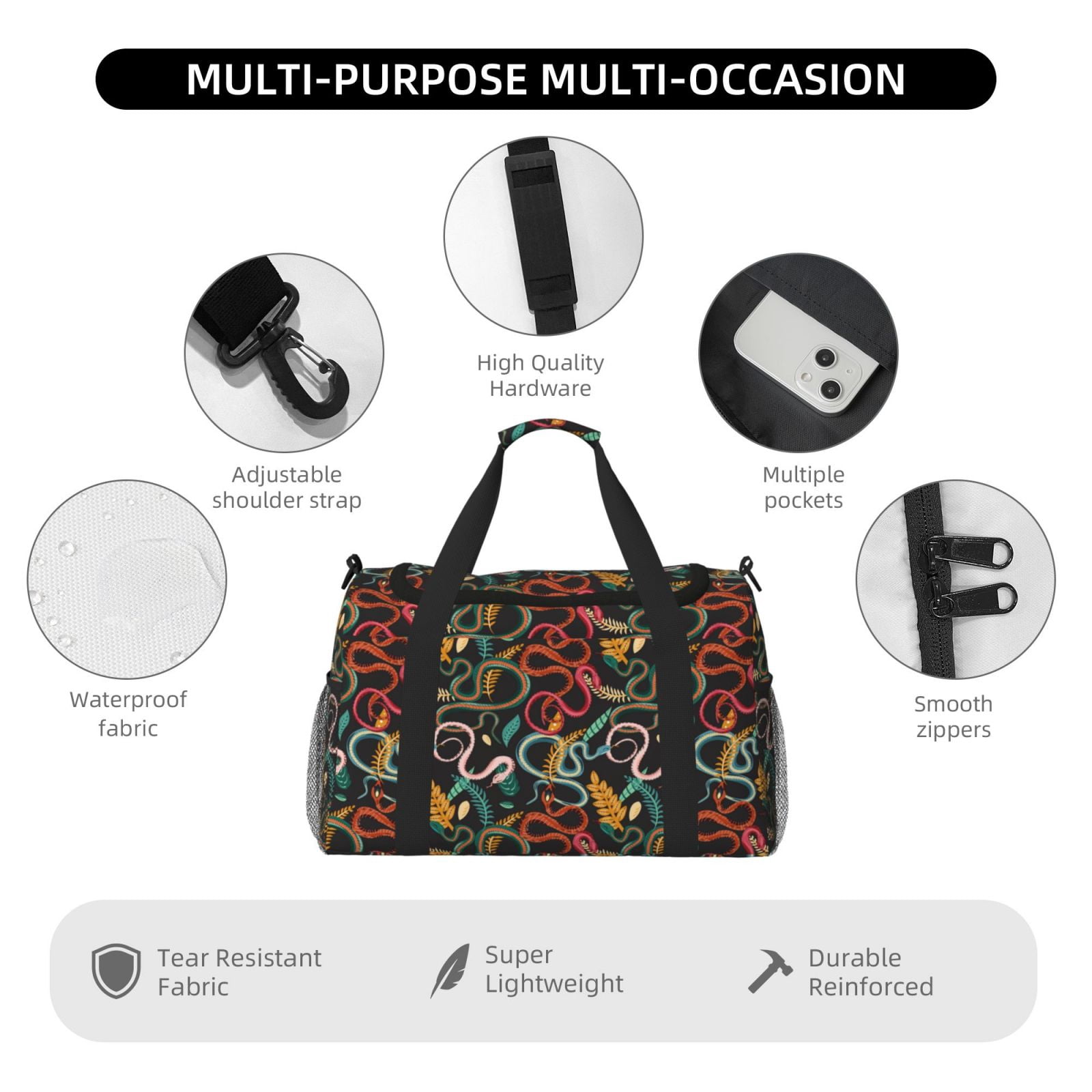 Fuzoiu Snake And Flower Print Travel Duffle Bag,Carry On Tote Bags,Duffel Bag,Sport Gym Bag, Hospital Bag for Labor and Delivery, Overnight Bag,Luggage Bag