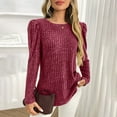 thumbnail image 4 of Womens Tops Long Sleeve Shirts Crewneck Puffed Sleeve Ribbed Solid Fall Clothes for Women Tees Blouses Red L, 4 of 8