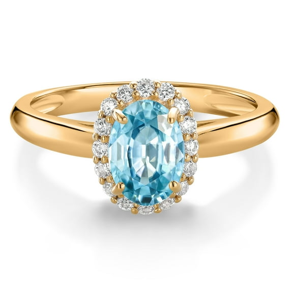 Gem Stone King 10K Yellow Gold Blue Zircon and White Lab Grown Diamond Halo Engagement Ring for Women (1.38 Cttw, Gemstone December Birthstone, Oval 7X5MM, Size 8)