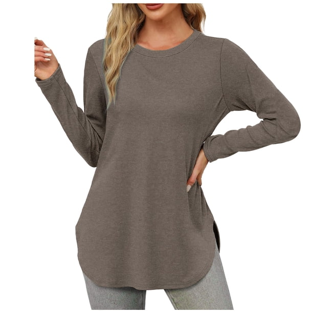 Túnica de manga larga con cuello redondo y abertura lateral para mujer - Camisa básica informal de corte holgado
