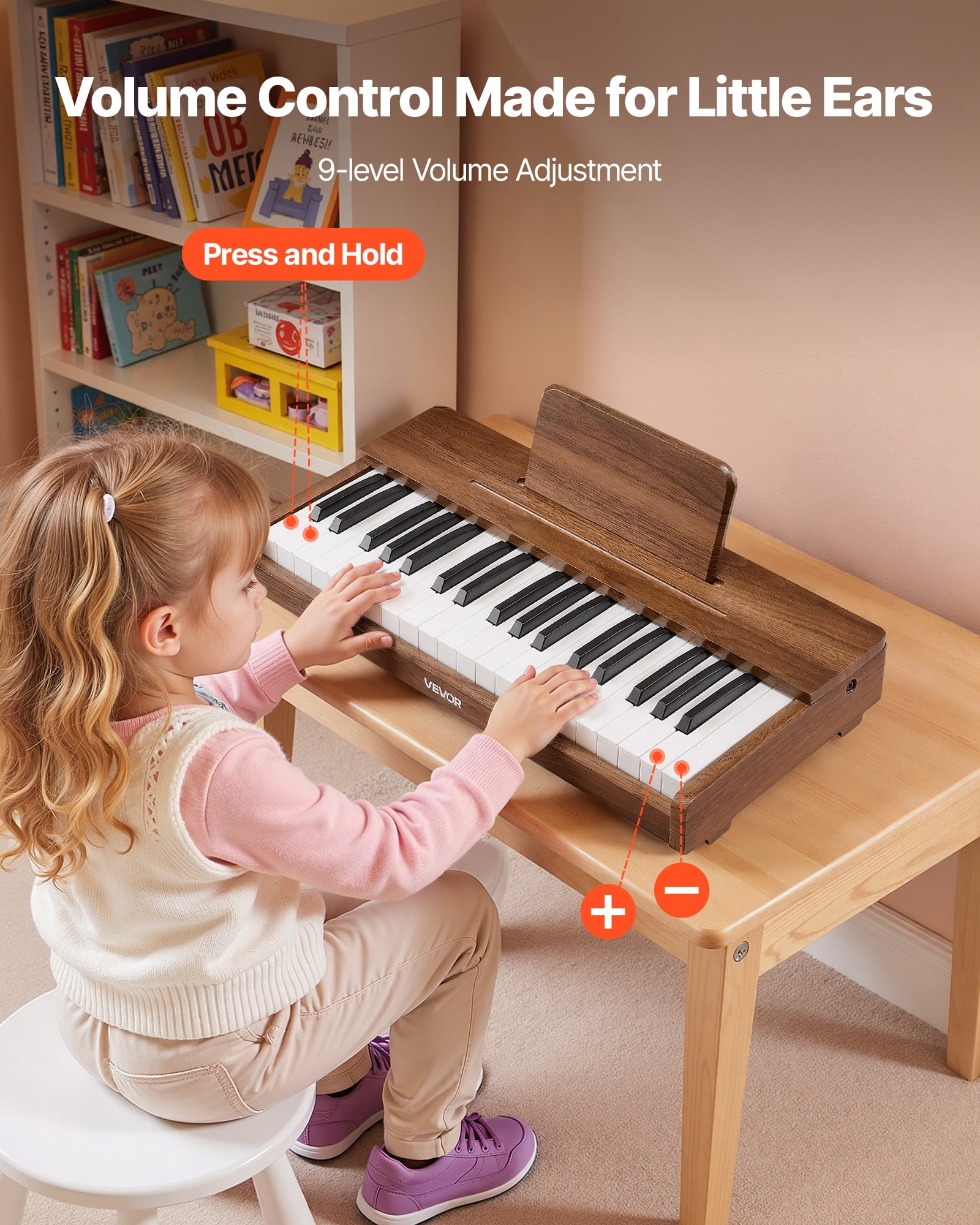 VEVOR Kids Piano Keyboard, 37 Keys Wooden Digital Piano for Kids, Mini Music Educational Instrument Toy with Realistic Sound, Dual Power, Adjustable Volume for Toddlers, Boys Girls Learning,Walnut