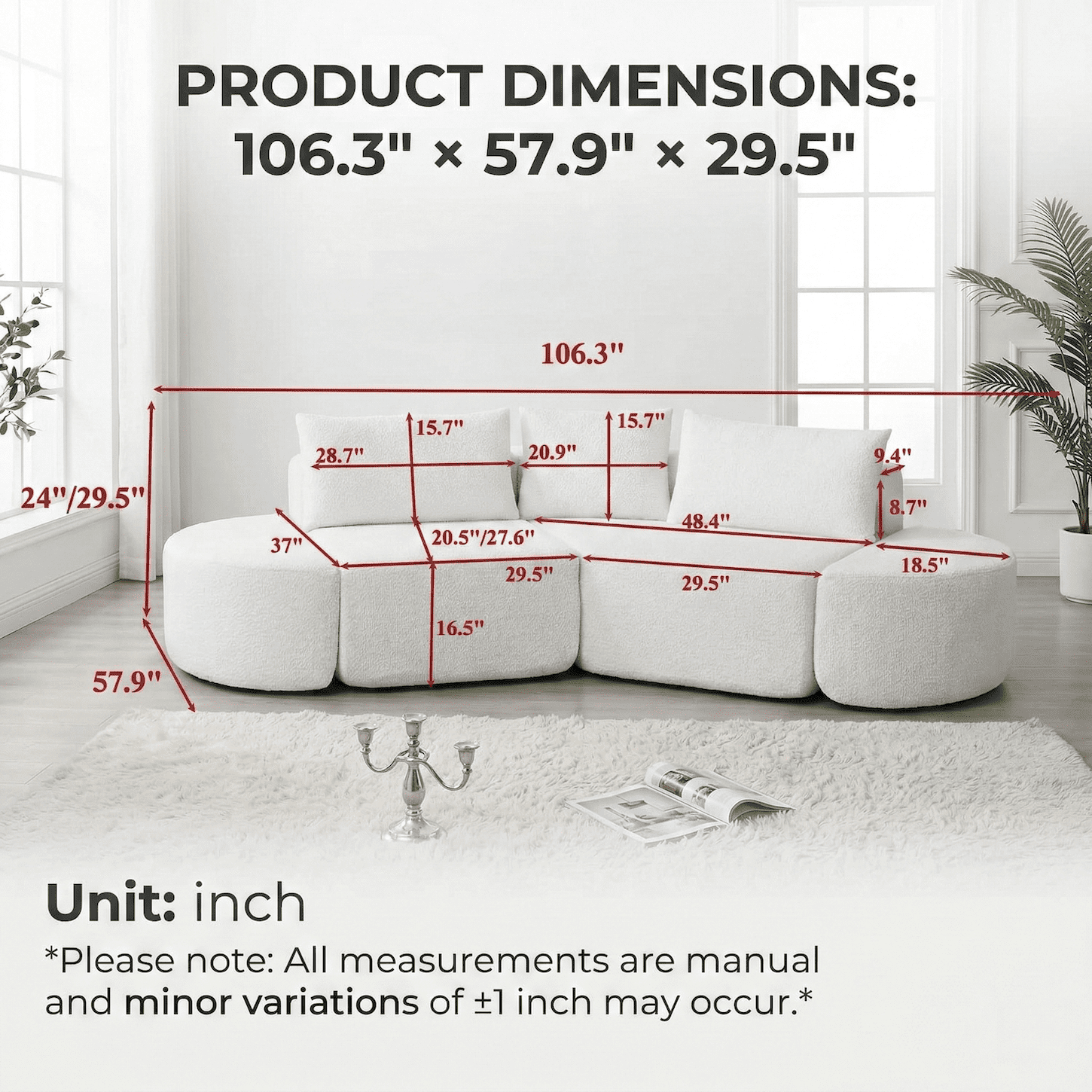 Xiweot 106" Cloud Sectional Couch for Living Room, Boneless Couch with Deep Seat, Chenille Modular Sectional Sofa with Curved Ottomans, No Assembly (Black)