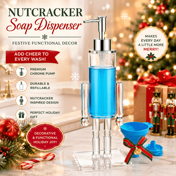 Nutcracker Soap Dispenser, Clear Acrylic Christmas Soap Pump Bottle, Refillable Liquid Hand Soap Container for Bathroom Kitchen Holiday Decor