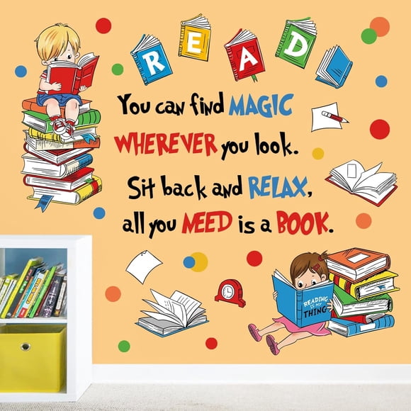 decalmile Reading Books Wall Decals Inspirational Quotes Polka Dots Wall Stickers Kids Room Classroom School Library Wall Decor
