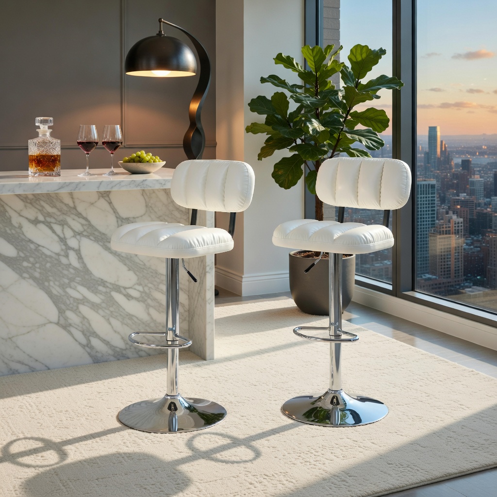 Hommoo 2-Pack Adjustable Bar Stools, PU Leather with Chrome Base & Footrest, Height-Adjustable Modern Kitchen Island Stools for Home Bar, Living Room & Dining Area, White