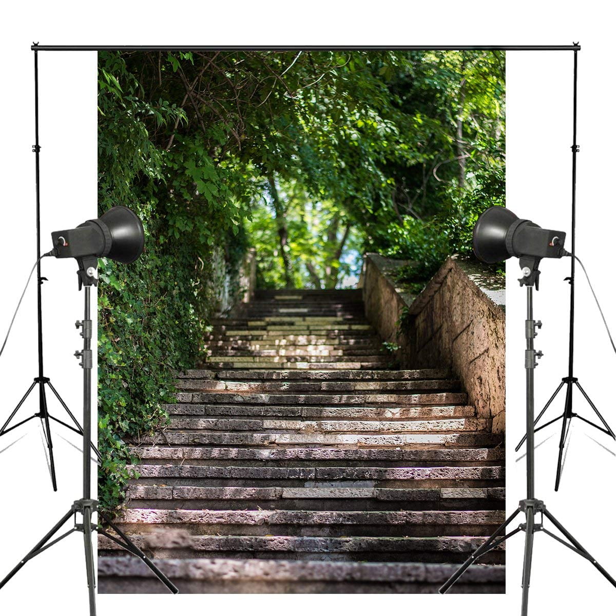 ABPHOTO Polyester 5x7ft Stone Staircase Photography Background Green Tree  Backdrop Landscape Photo Studio Background Props Wall 
