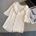 thumbnail image 5 of Ruffled Slim Cardigan Women's Contrast Color Stitching Retro Spring and Summer Sweater Elegant-White-S, 5 of 7