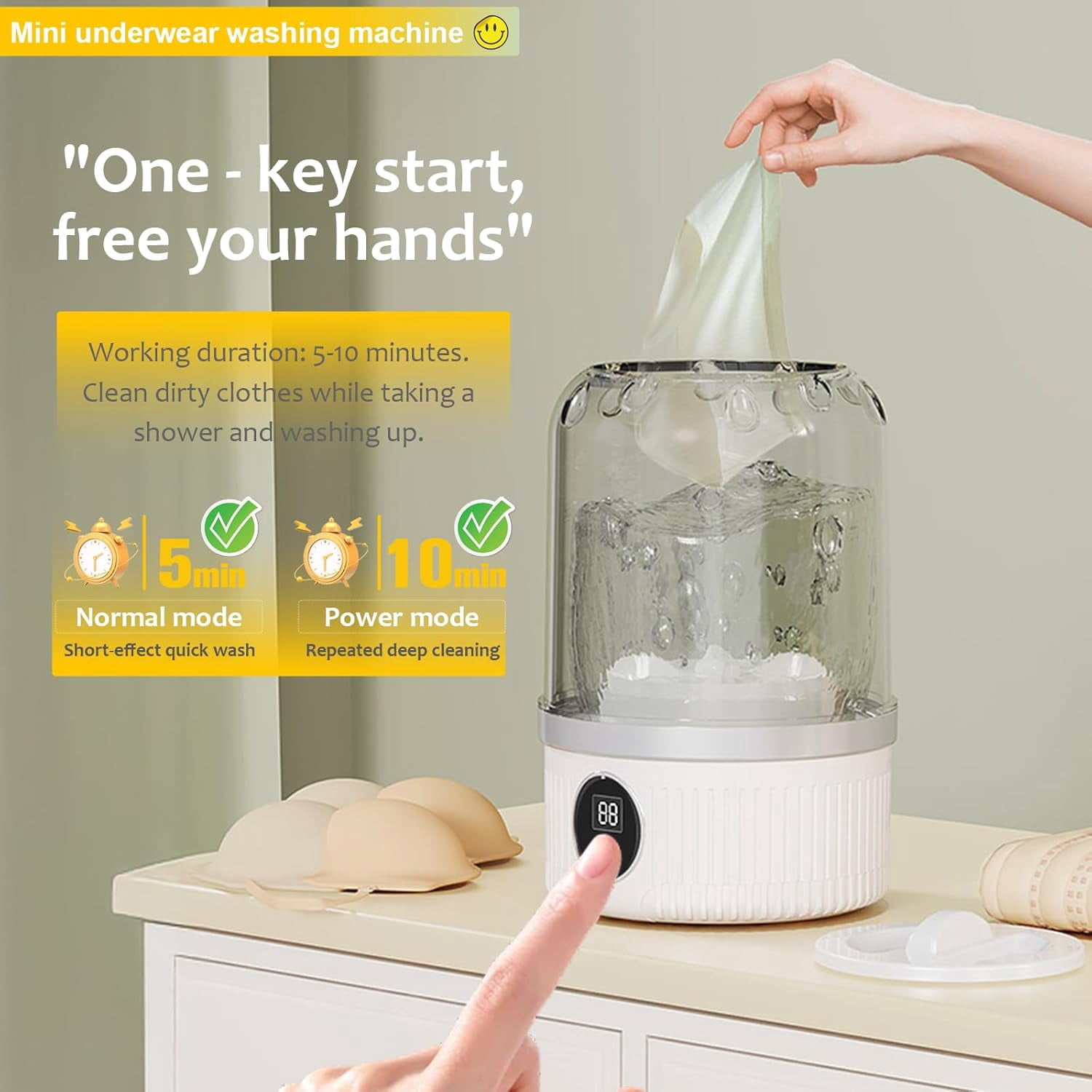 Portable Underwear Washer, Mini Washing Rechargeable Cordless Washing-Machine with Digital Timer Display, Wireless Washing Machine for Home Use, USB Charging Laundry for Apartments, Hotels, Travel