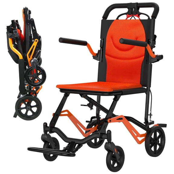 Lightweight Transport Wheelchair for Adults, Foldable & Portable Travel Chair – Removable Flip Armrests & Swing Footrests, Hand Brakes for Seniors, Fully Assembled