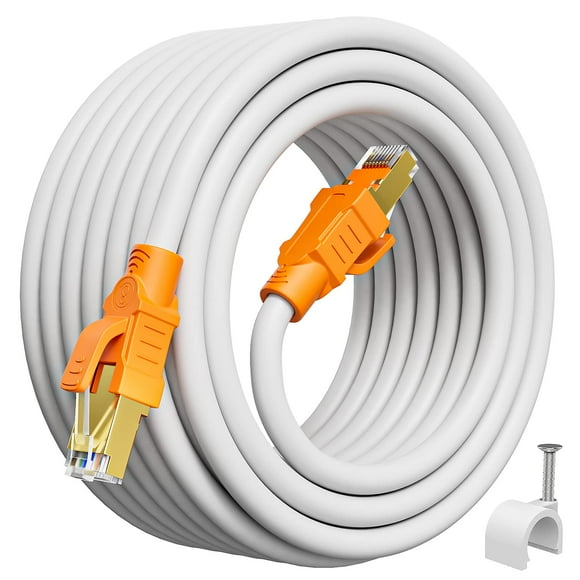 Cat8 Ethernet Cable 65ft, Cat 8 Outdoor&Indoor LAN Cable, 26AWG Heavy Duty High Speed 40Gbps 2000Mhz with Gold Plated RJ45 Connector, Solid Copper Internet Cable for Router, Cat8 50+ft, 20Clips, White