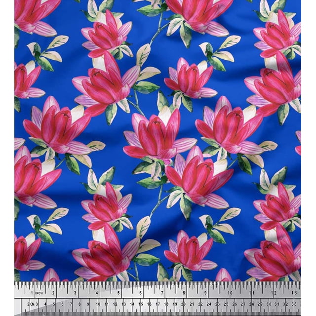 Soimoi Poly Georgette Fabric Leaves & Lotus Floral Fabric Prints by Yard 42 Inch Wide