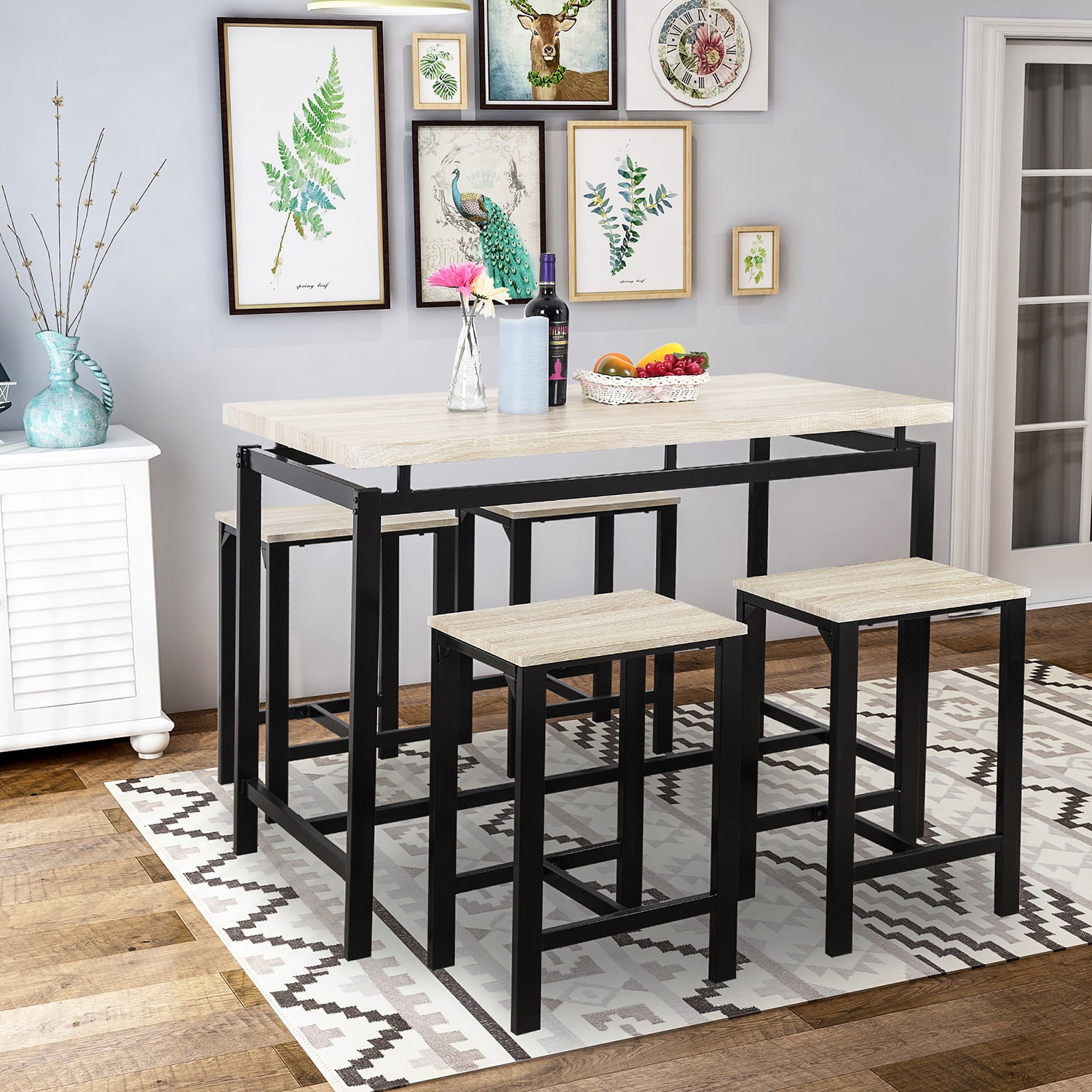 Kadyn 5 Piece Dining Table Set, Modern Rectangle Kitchen Table and Chairs for 4 Persons, Metal Top Pub Table & Chair Set with 4 Chairs, Beige Kadyn 5 Piece Dining Table Set, Modern Rectangle Kitchen Table and Chairs for 4 Persons, Metal Top Pub Table & Chair Set with 4 Chairs, Beige