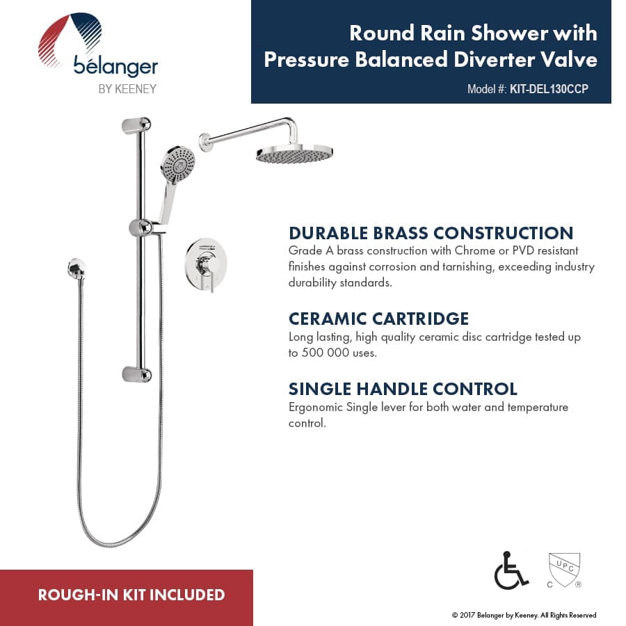 Belanger KIT-DEL130CCP Rain Pressure Balanced Round Shower System, Polished Chrome