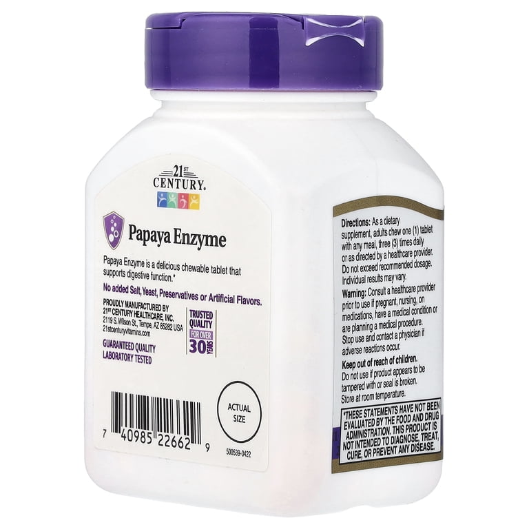 21st Century Papaya Enzyme Chewable Tablets, 100 Count, Supports
