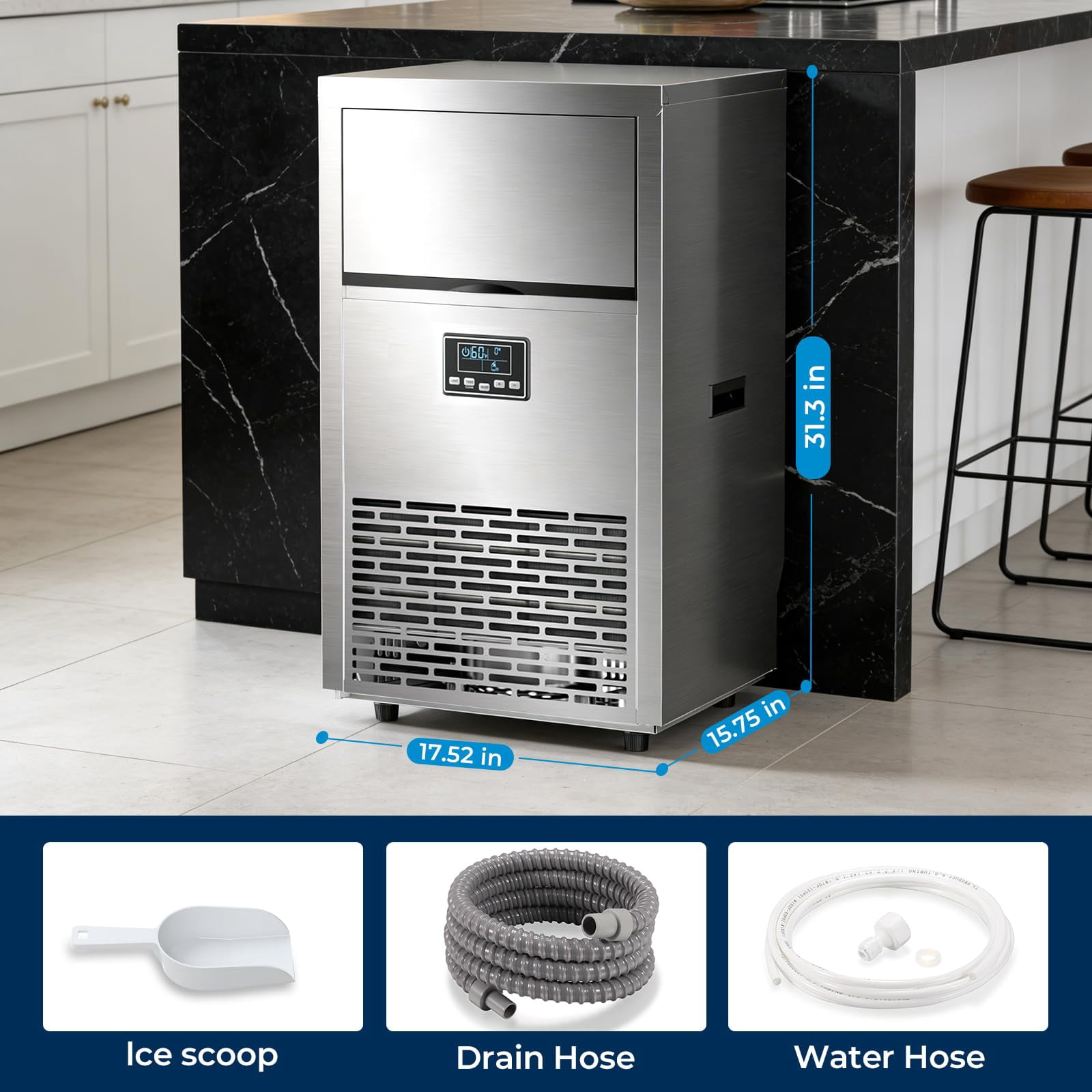 Auseo 100Lbs/24H Commercial Ice Maker, Under Counter Ice Machine with 29lbs Storage Bin, Self-Cleaning & Adjustable Thickness, Stainless Steel