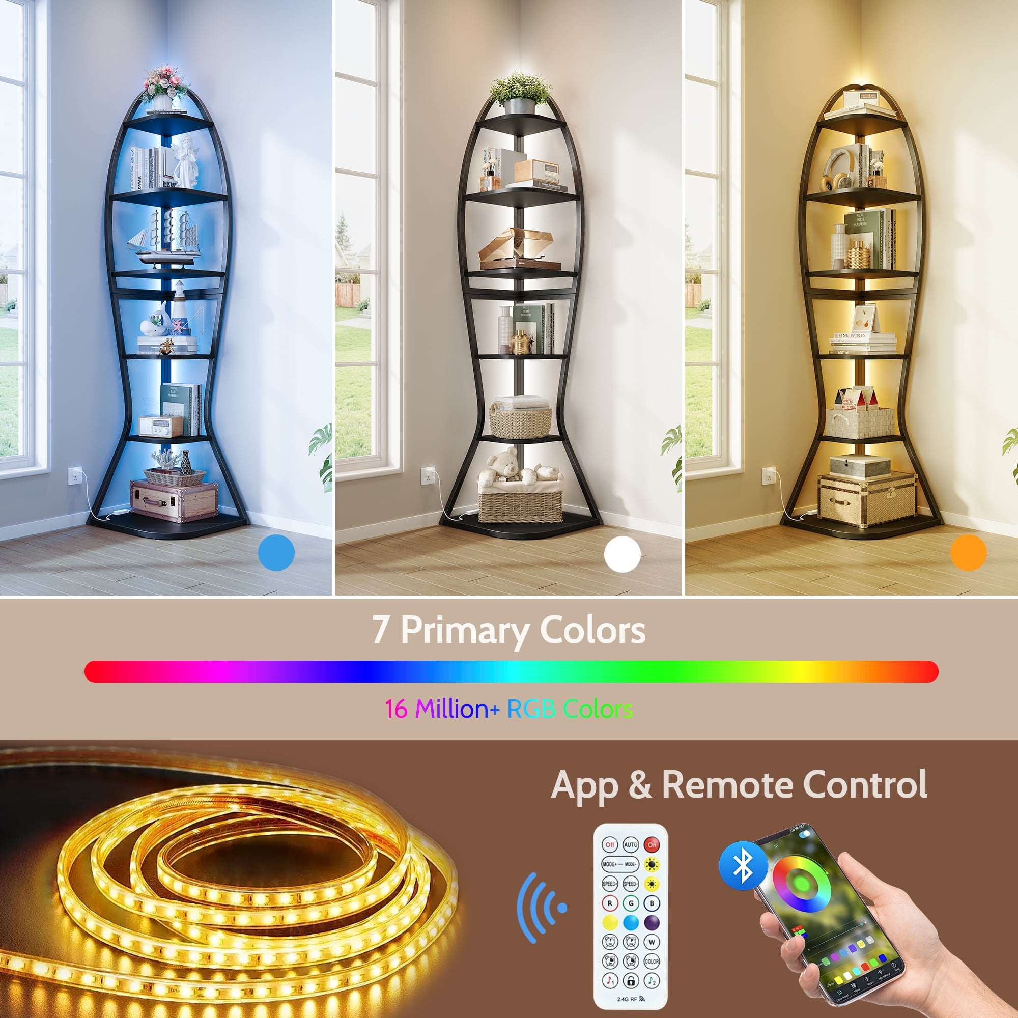 Vividwood Artistic Fish-Inspired Corner Shelf with LED Lights, 6-Tier Tall Corner Bookshelf with Multi-Depth Display, Vividwood Space-Saving Storage Unit with Remote Control for Bedroom & Living Room