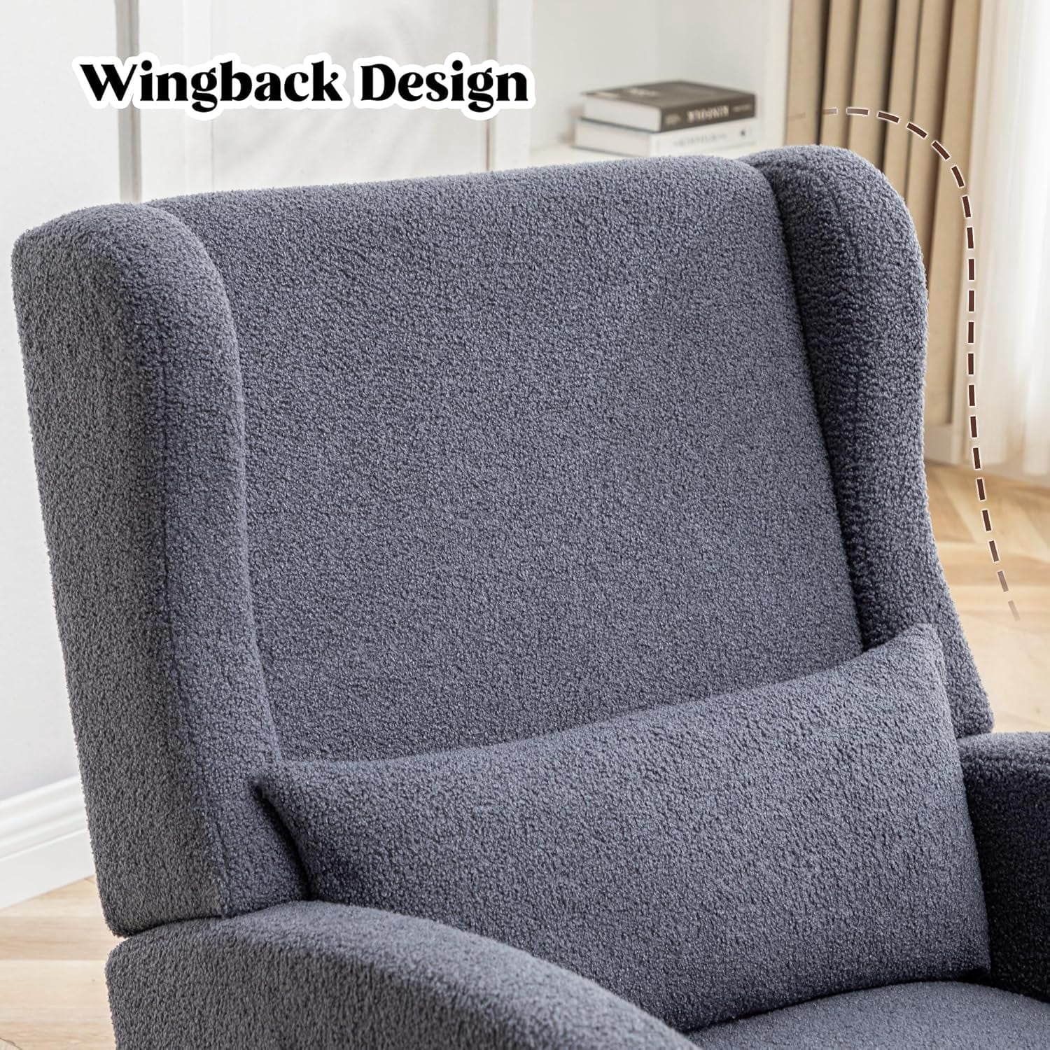 HCHAIRH Rocking Chair with Foot Rest,Teddy Nursery Rocking Chairs, Wingback Nursing Glider Rocker Chair with Pillow and High Back for Nursery, Living Room, Bedroom, Dark Grey