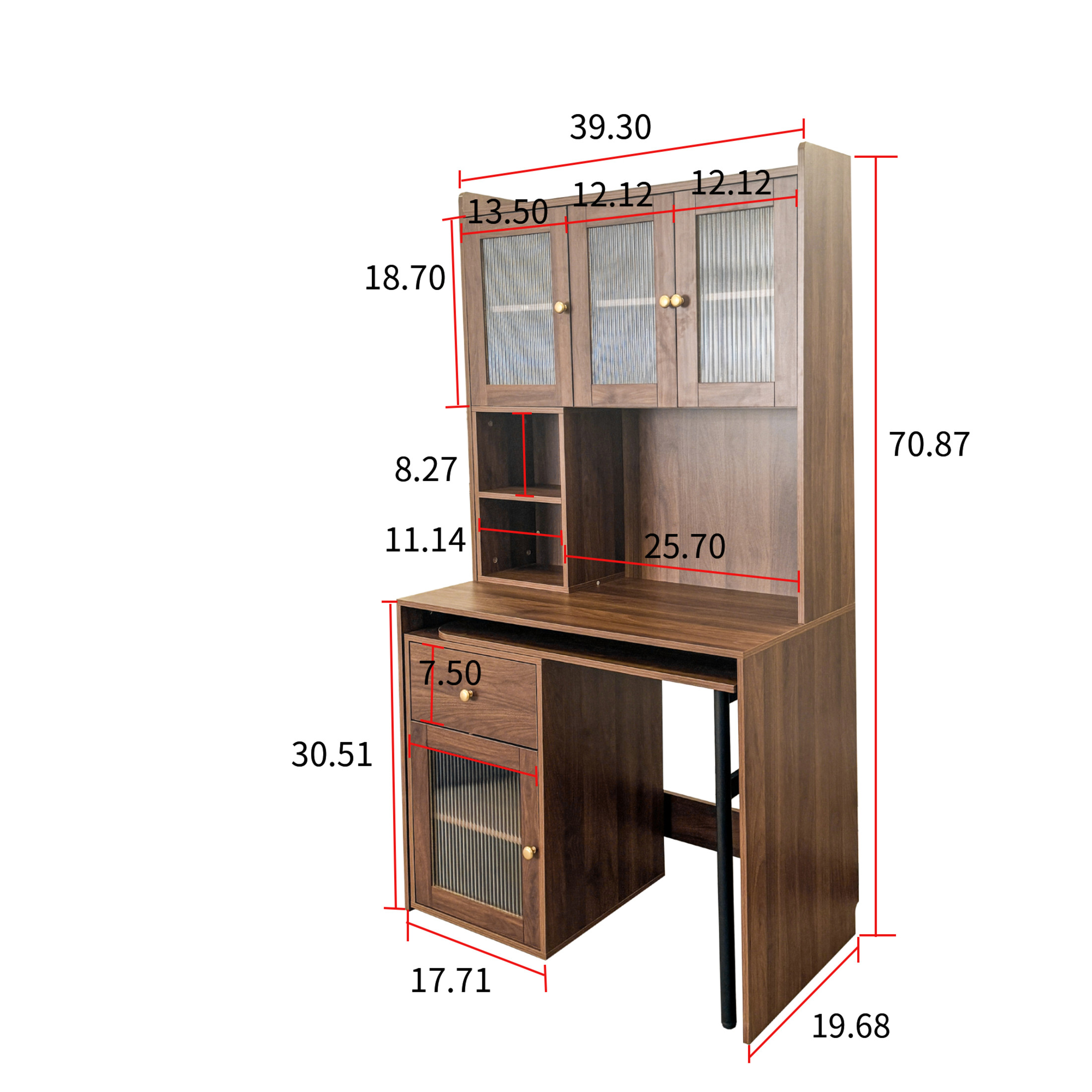Noble House 70.87" Computer Desk with Hutch, Glass-Door Cabinets, 90° Rotating Desktop, Bookshelf & Drawer, Walnut
