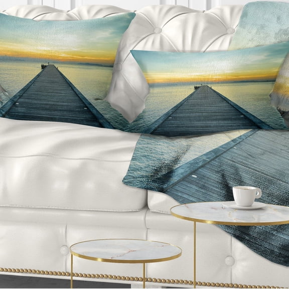 Designart Wood Pier into the Yellow Blue Sea - Wooden Sea Bridge Throw Pillow - 12x20